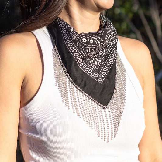 Polyester Bandana with Rhinestone Fringe- Black with silver rhinestones