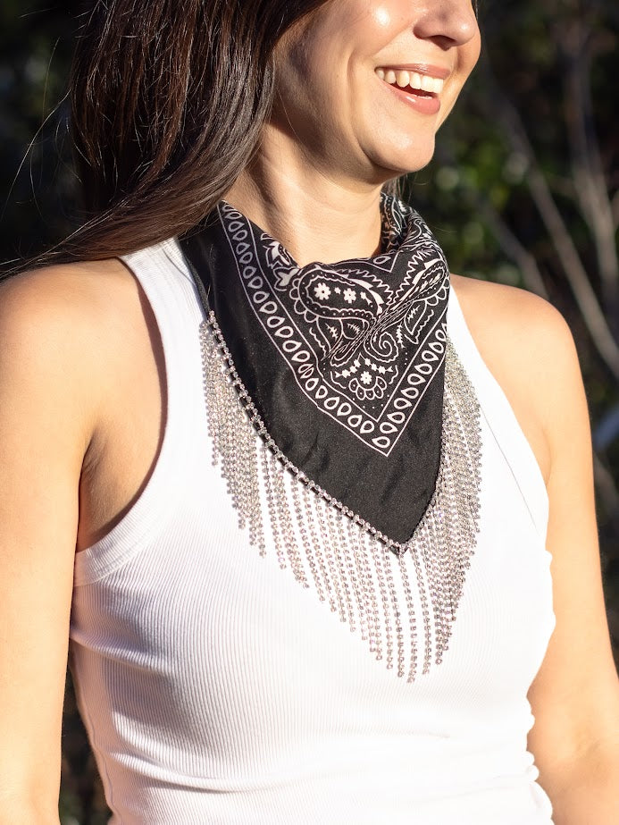 Pet Polyester Bandana- Black with gold rhinestone