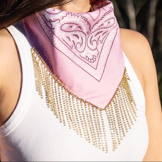 Cotton Bandana with Rhinestone Fringe- Soft pink with gold rhinestones
