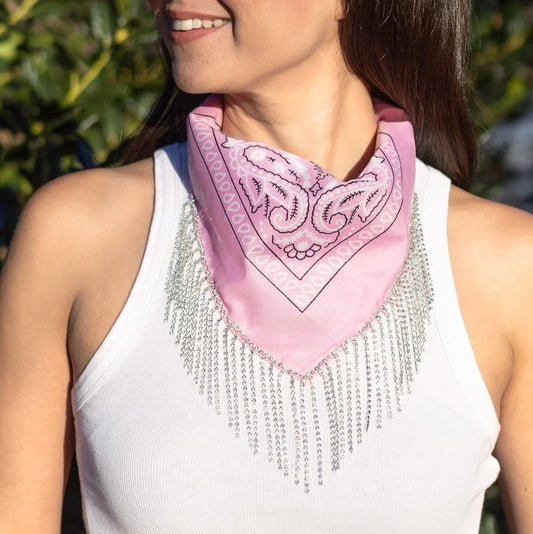 Cotton Bandana with Rhinestone Fringe- Soft pink with silver rhinestones