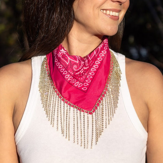 Polyester Bandana with Rhinestone Fringe- Magenta with gold rhinestones