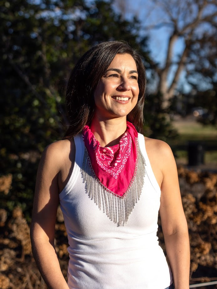 Polyester Bandana with Rhinestone Fringe- Magenta with silver rhinestones
