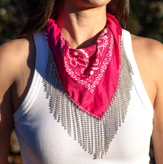 Polyester Bandana with Rhinestone Fringe- Magenta with silver rhinestones