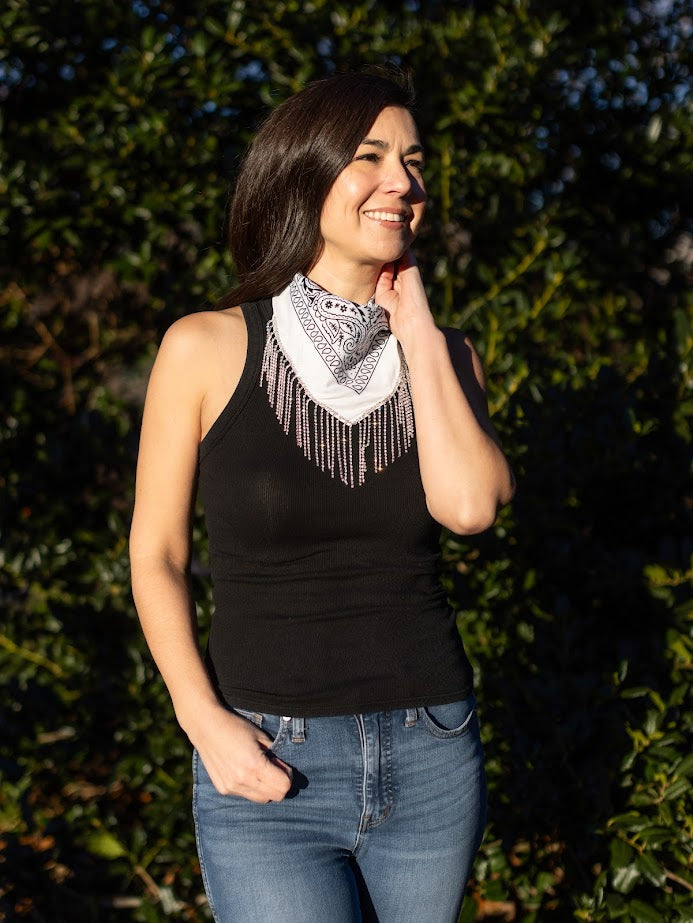 Polyester Bandana with Rhinestone Fringe- White with silver rhinestones