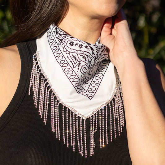 Polyester Bandana with Rhinestone Fringe- White with silver rhinestones