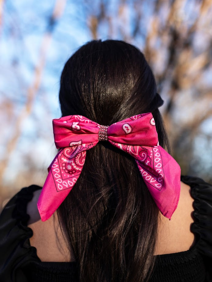 Rhinestone Bandana Bow- Pink with pink rhinestones