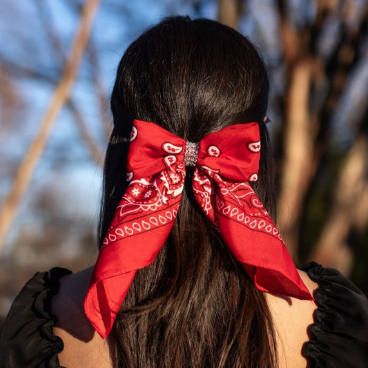 Rhinestone Bandana Bow- Red with silver rhinestones