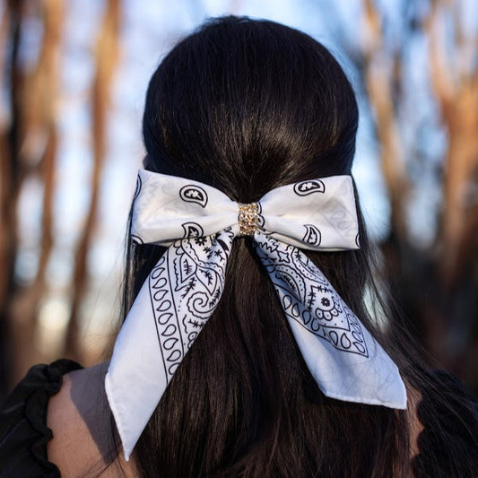 Rhinestone Bandana Bow- White with gold rhinestones