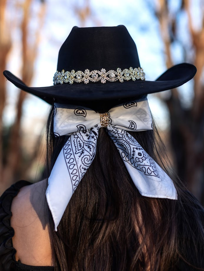 Rhinestone Bandana Bow- White with gold rhinestones