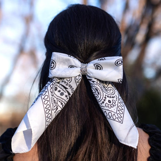 Rhinestone Bandana Bow- White with silver rhinestones