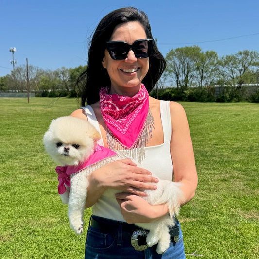 Pet Polyester Bandana- Magenta with silver rhinestone fringe