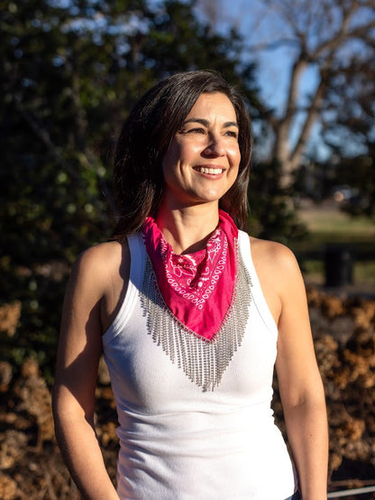 Polyester Bandana with Rhinestone Fringe- Magenta with silver rhinestones