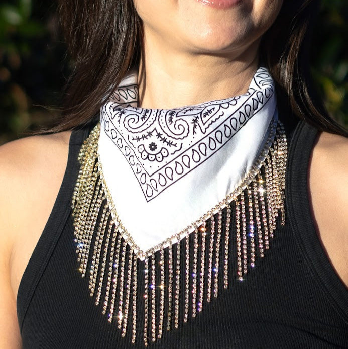 Polyester Bandana with Rhinestone Fringe- White with gold rhinestones