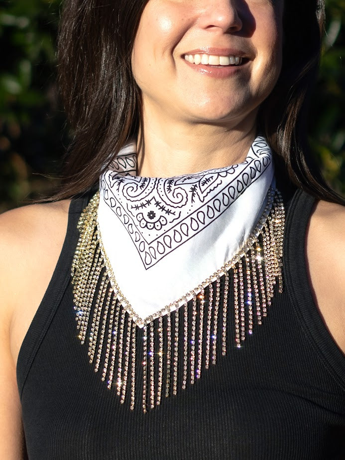 Pet Polyester Bandana- White with gold rhinestone