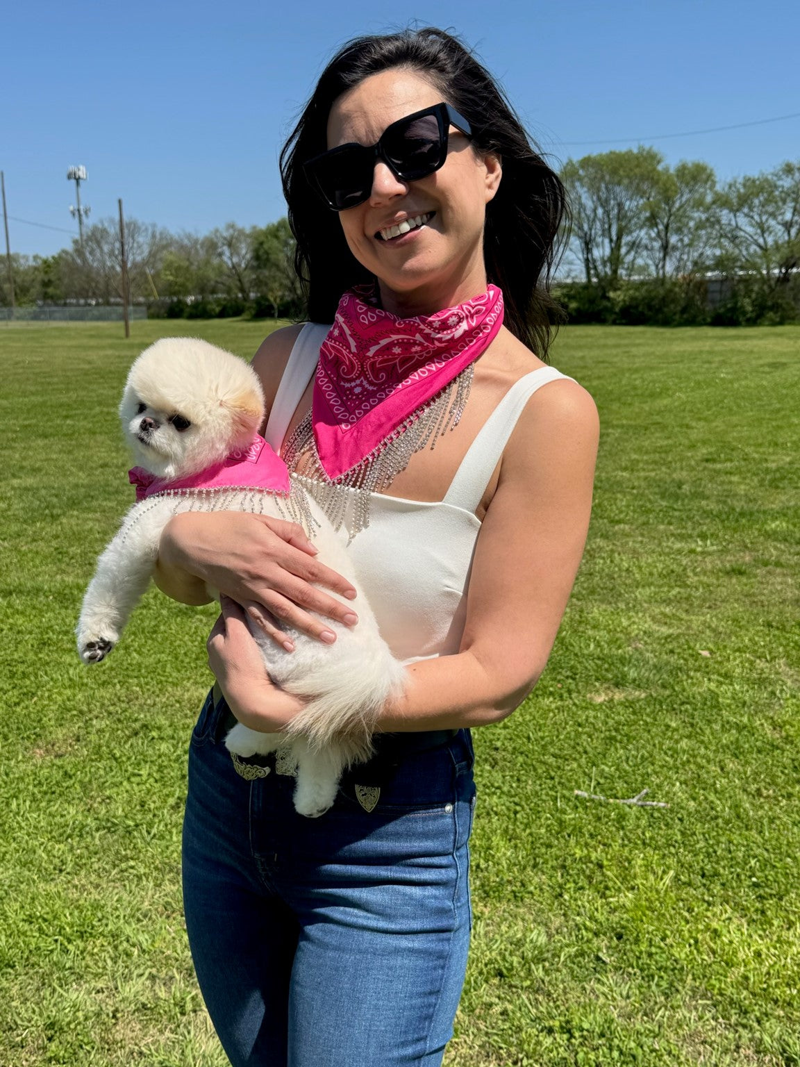 Pet Polyester Bandana- Magenta with gold rhinestone